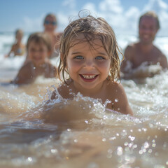 Familie genießt einen sonnigen Tag am Strand