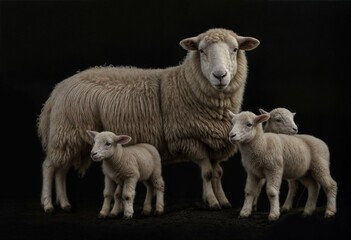 A mother sheep stands with three baby sheep in front of a black background.