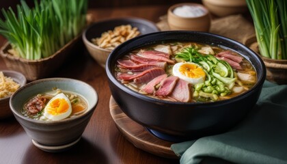 A bowl of soup with meat and eggs sits on a wooden table