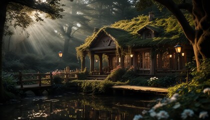 Fototapeta premium A house with a green roof and a garden in front of it