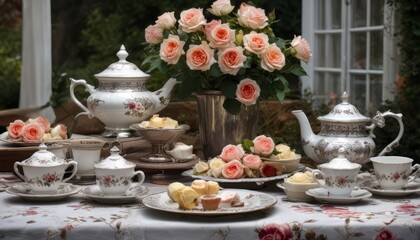 Naklejka premium A table is set with a variety of tea cups, saucers, and a teapot