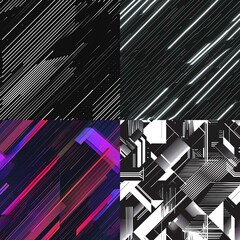 The image consists of four separate panels, each with a distinct abstract pattern. The top-left panel features diagonal black lines on a white background, with some areas of dotted patterns, creating 