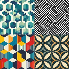 The image is a collage of four distinct geometric patterns. In the top left, there is a complex three-dimensional cube pattern in shades of blue, giving a sense of depth. The top right features a blac