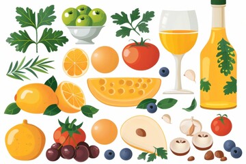 Fresh and Healthy Food Icons with Fruits and Vegetables, Ideal for Nutrition and Diet Themes