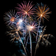 Colorful celebration fireworks isolated on black night sky background. Wonderful fireworks exploding