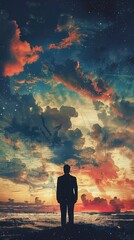 Fototapeta premium Businessman before the sunrise, patriotic overtones blending ambition with national pride