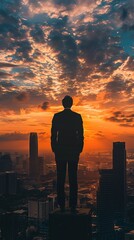 Fototapeta premium Businessman before the sunrise, patriotic overtones blending ambition with national pride