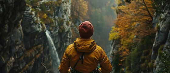 Fototapeta premium Climber gazes up, contemplating the route, determination meets natures challenge