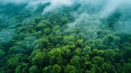 An aerial view of a green forest with mist.