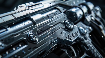 Fototapeta premium Closeup of a metallic hitech gun with intricate details, soft light accents, for thriller concept