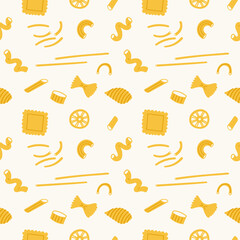 Noodles of different kind Pasta in seamless pattern hand drawn vector illustration. Repeating background with wheat flour products. Macaroni, lasagne, rigatoni, Italian food. For paper, print, label