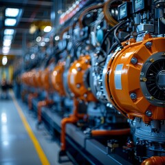 Obraz premium Close-up of a massive diesel power generator in operation, cables and electrical components visible, in a secure facility.