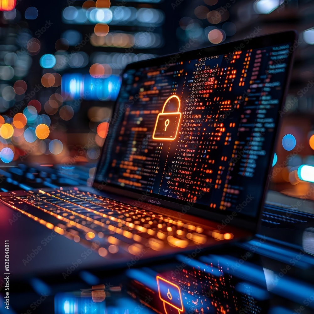 Poster close-up of a secure laptop with a digital lock icon on screen, surrounded by lines of code and digi
