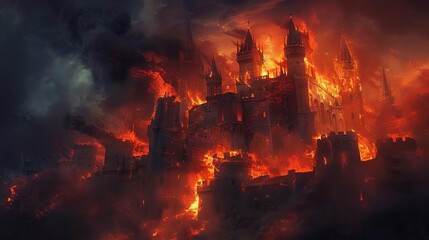 Naklejka premium A dramatic scene of a medieval castle engulfed in flames, burning fiercely under a dark, ominous sky. Intense, fiery destruction captured.