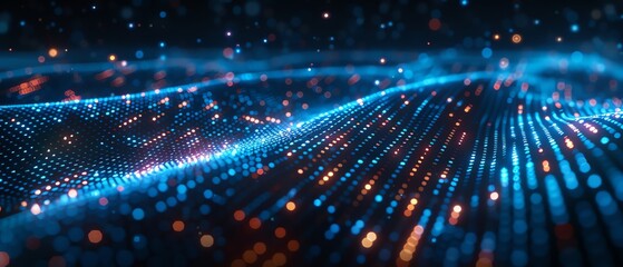 Fototapeta premium Abstract digital background with glowing blue and orange lights, representing data flow and technology innovation on a dark backdrop.