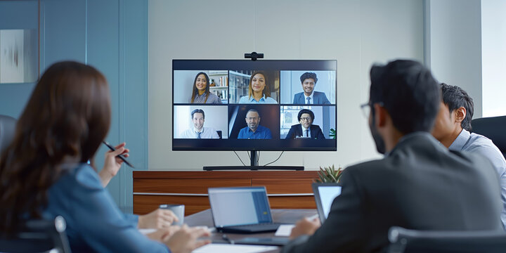 A group of individuals in an office participating in a video conference meeting, representing modern work environments, remote communication, and digital collaboration trends.