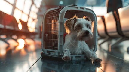 Travel-Ready Terrier: Adorable Dog Waits Patiently in Airport Carrier