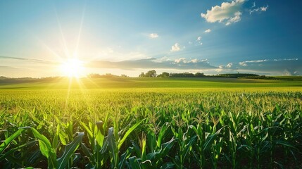 A rural landscape featuring a vast cornfield under a perfect blue sky, with the sun casting warm light on the tall, green corn stalks