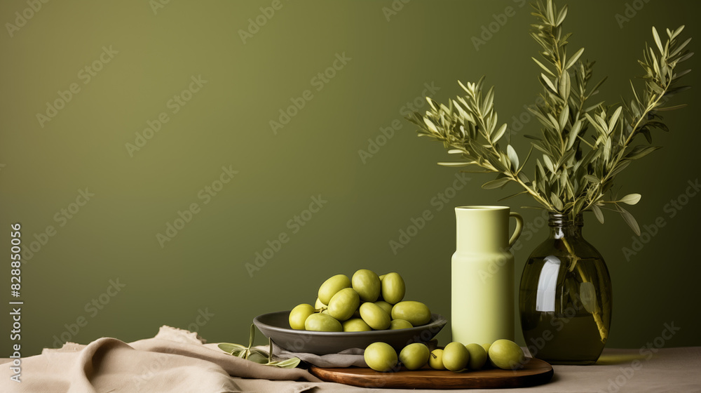 Sticker Green Olives and Tableware with Olive Branch