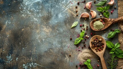 Rustic wooden spoon surrounded by fresh ingredients on vintage background, culinary concept for food blog or recipe book cover, cooking utensils and organic ingredients, kitchen scene with natural lig