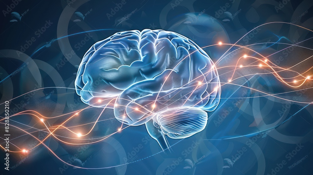 Poster an illustration showing the human brain with highlighted pathways and synapses, symbolizing neural c