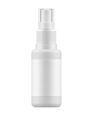 Blank plastic cosmetic bottle mockup on white background, White medical bottle, Small White Bottle of Hand Sanitizer, Skin Antiseptic, Antibacterial Fluid, Makeup Remover or Hair Spray
