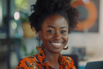 Successful Afro Businesswoman Smiling at Laptop in Modern Office