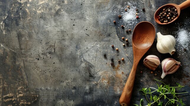 Rustic wooden spoon surrounded by fresh ingredients on vintage background, culinary concept for food blog or recipe book cover, cooking utensils and organic ingredients, kitchen scene with natural lig