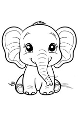 A monochromatic illustration of a baby elephant displaying a sitting gesture. The drawing showcases the symmetry and detail of the elephants snout