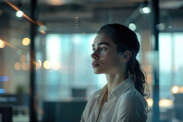 Naklejka premium Modern business woman in office with copy space.