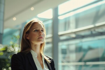 Obraz premium Modern business woman in office with copy space.