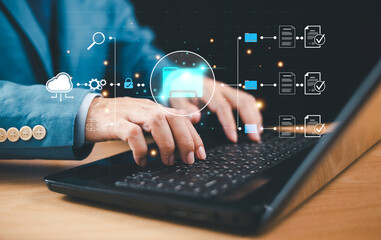 Data personal safety technology concept. Cloud computing network security, office background. Document Management System (DMS). Data transfer backup, File Sharing. Web online document backup concept