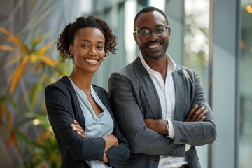 Portrait of happy multi ethnic business couple posing with arms crossed