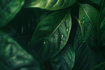 Background of green leaves with water drops close-up, dark contrast lighting

