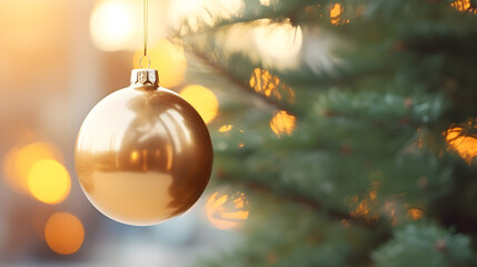 A golden Christmas ornament hanging from a tree, adding a touch of elegance and festivity to the holiday decor