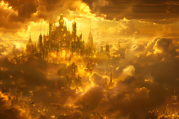 Fototapeta premium A divine city in the clouds in the golden light