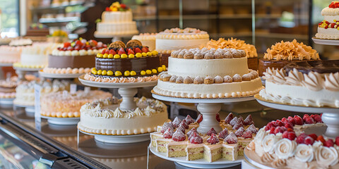 An assortment of beautifully decorated cakes of various types and flavors presented on elegant stands inside a bakery, creating a delightful, colorful, and inviting visual treat.