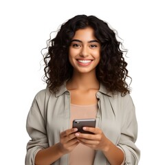 Hispanic woman holding phone and smiling. Generative AI.