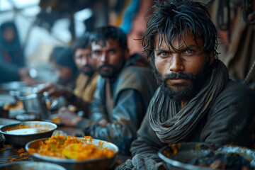 Migrant laborers sharing a meal during a break after work, camaraderie and resilience shared in their daily lives
