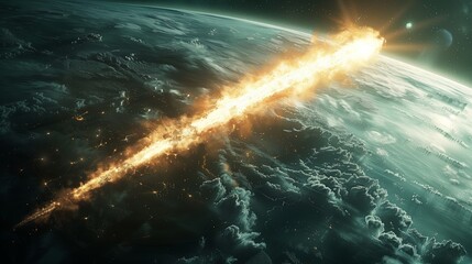 Meteor approaching Earth's atmosphere with debris surrounding it, creating a dramatic space scene.