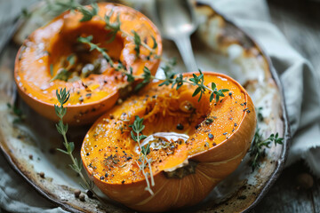 Baked tasty pumpkin halves with spices, herbs on a plate close up. Rustic background of baked pumpkin
 - Powered by Adobe