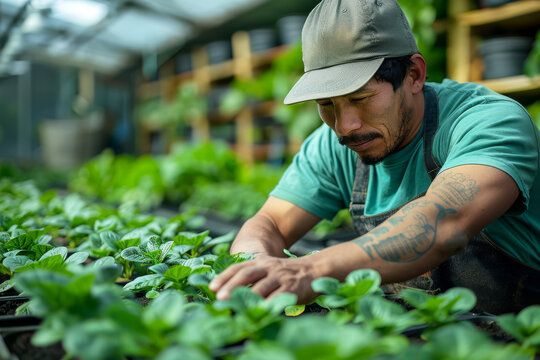 Focused migrant worker carefully tends to green vegetable crops in a sunlit greenhouse, ensuring their growth