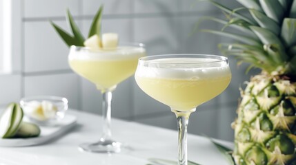 Fototapeta premium Refreshing Pineapple Cocktail in Elegant Stemware on Modern Kitchen Counter