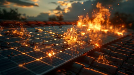 Solar panels on a roof engulfed in flames during sunset.