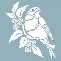 Bird stamp on a branch with berry lines, laser cut