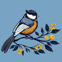 Beautiful illustration of a bird on a branch with berries, postcard