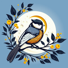 Beautiful illustration of a bird on a branch with berries, postcard