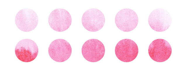 Light Watercolor elements drawn on paper. Circle Frames of pink background. Hand drawn collection in watercolor spots. Delicate Paper texture.
