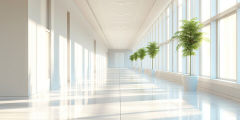 Obraz premium A long, bright corridor featuring large windows on one side, through which sunlight pours in. Potted green plants line the hallway, creating a serene atmosphere.