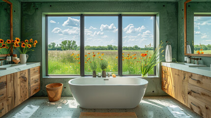 Fototapeta premium Green shade in bathroom of a villa hotel by wildflower at meadow